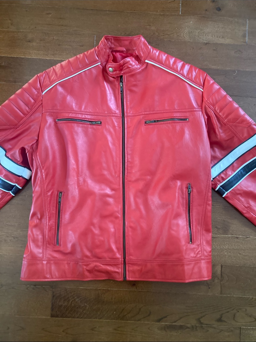 Red Leather Racer-Style Bomber Jacket with White & Black Sleeve Stripes